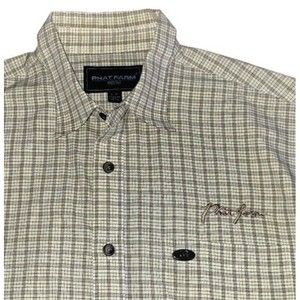 Phat Farm NYC Men's Large Beige White Plaid Short Sleeve Button Up Metal Logo